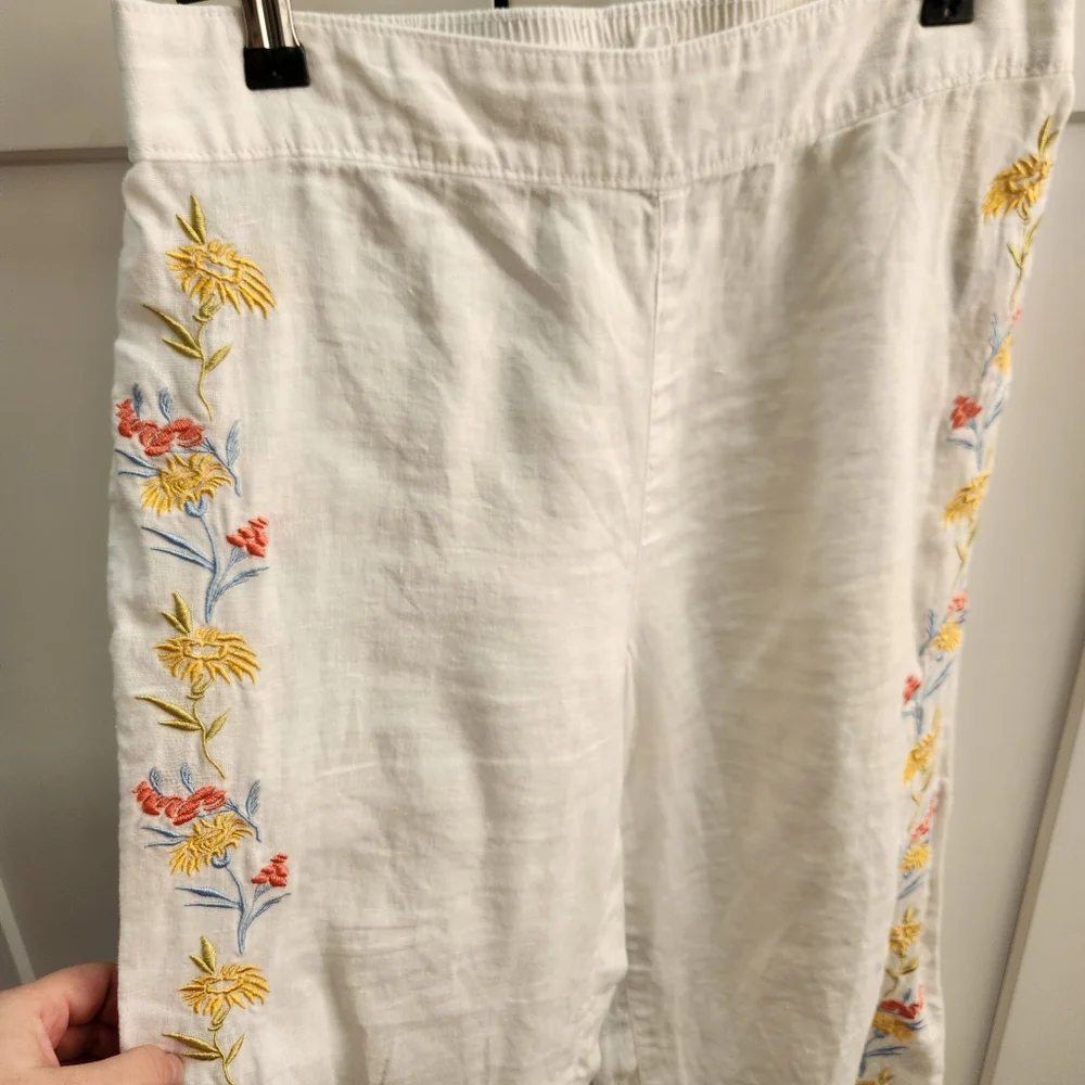 Calypso St. Barth White Linen Pants with Floral Embroidery Beach Size Small